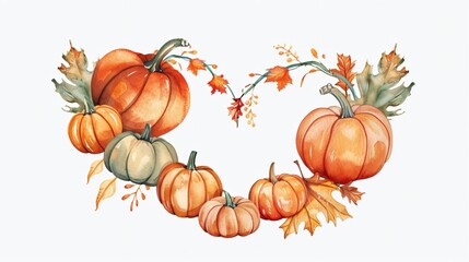 Vibrant Autumn Watercolor Heart Frame with Pumpkin Illustration