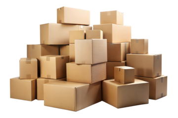 Packed cardboard boxes arranged in a random stack in a warehouse setting during daylight