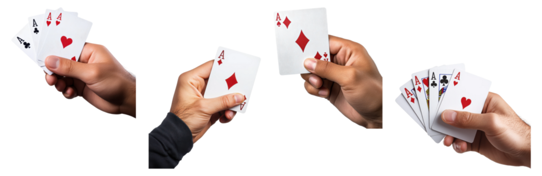 Hands holding playing cards, isolated on transparent background