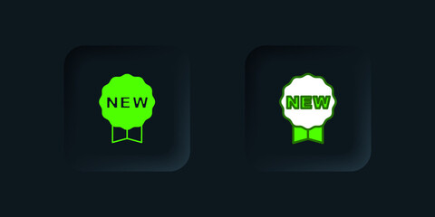 Green Price tag with an inscription New icon isolated on black background. Badge for price. Promo tag discount. Black square button. Vector