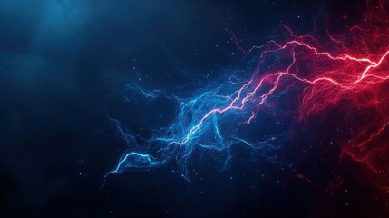 Vibrant Blue and Red Lightning Strikes on Dark Background Representing Electric Energy and Power