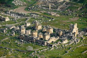 Ancient Greek Roman city of Hierapolis at Pamukkale, Denizli, Turkey. N.E. over the 6 C Christian church in the city centre