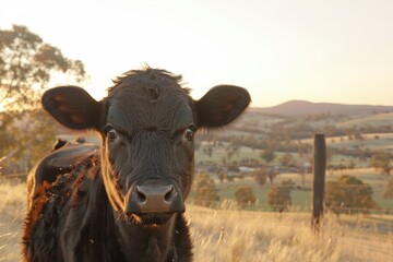 A close-up of a curious black cow against a sunset backdrop in a tranquil rural landscape.
