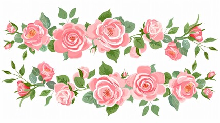 Elegant Pink Flower Banner Border with Roses and Leaves for Creative Designs