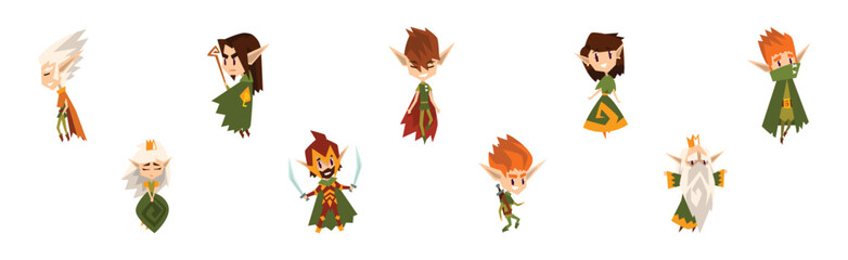 Cute Forest Elves as Fairytale Magic Characters with Pointed Ears in Green Clothes Vector Set