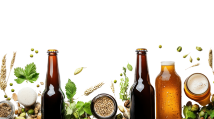 Various beer bottles on a white isolate background, surrounded by hops, barley, and other brewing ingredients, highlighting the brewing process.