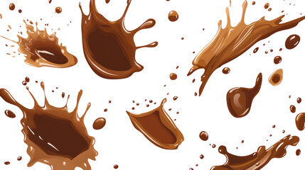 Various realistic chocolate splashes on a white background, perfect for culinary designs or dessert themes.