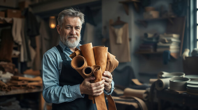 Shoemaker holding leather rolls in his workshop