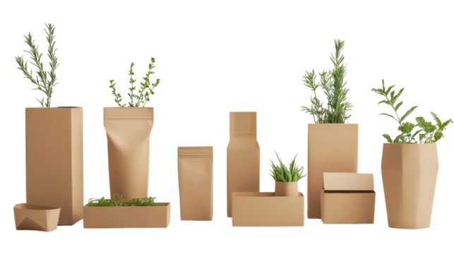 Various plants in unique paper pots, showcasing eco-friendly home decor and sustainable gardening practices on a white isolated background.