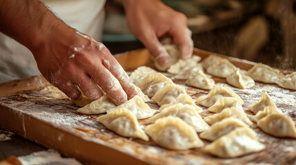 Dumpling skins are filled with a mixture of minced meat (usually chicken, pork, or shrimp), garlic, sesame oil, and other seasonings.

These dumplings can be folded in various shapes, such as triangle