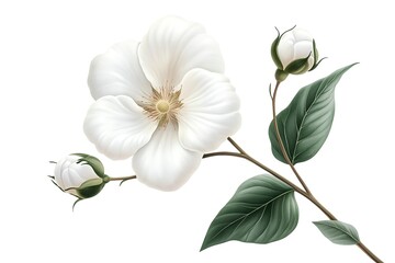 Obraz premium Elegant White Cotton Flower Blossom Close-up Isolated on White Background, Botanical Illustration, 
