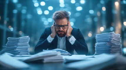 Stressed businessman covering ears working late at night in office