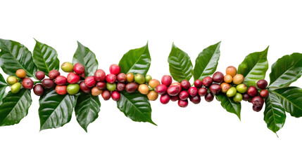 Vibrant coffee beans and green leaves arranged gracefully on a white background, showcasing the rich colors of nature's bounty.