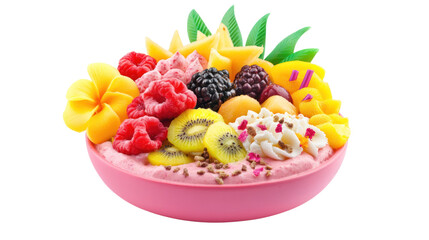 Vibrant smoothie bowl topped with fresh fruits and coconut flakes, presented in a pink bowl,...
