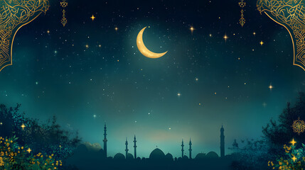 Fototapeta premium Ramadan Kareem background, Crescent moon at a top of a mosque 