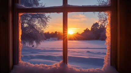 Winter sunrise view from cabin window