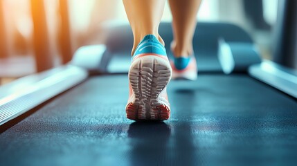 Fototapeta premium Woman running on treadmill, gym background, fitness workout