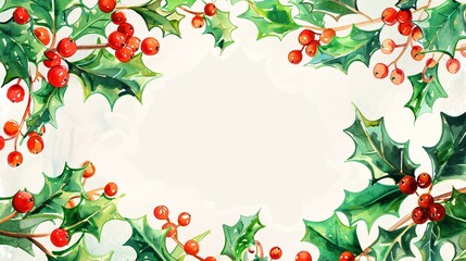 Festive Christmas and New Year Card Frame Decoration with Holly Berries