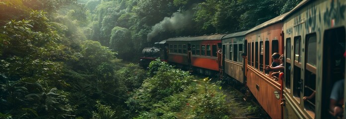 Fototapeta premium A vintage train navigating through lush green forests, creating a picturesque landscape.