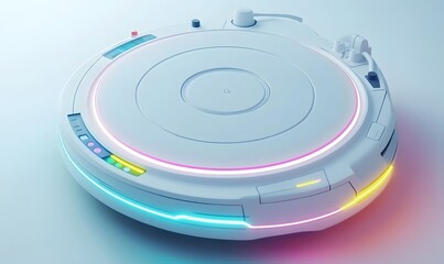 Futuristic turntable spinning, studio, glowing lights, music production