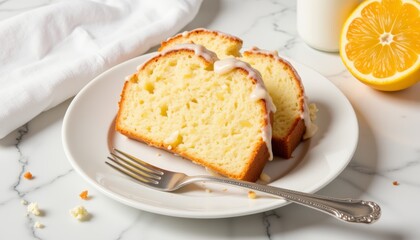 Fluffy citrus cake slice with lemon glaze on marble background, indulgence