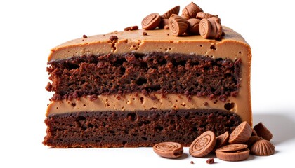 Delicious chocolate cake slice with chocolate curls, dessert delight