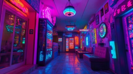 Vibrant Neon Cityscape at Night: Retro Arcade Atmosphere