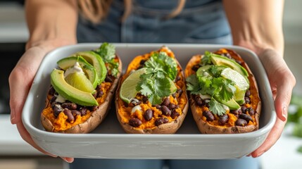 Roasted sweet potatoes stuffed with beans avocado lime crema