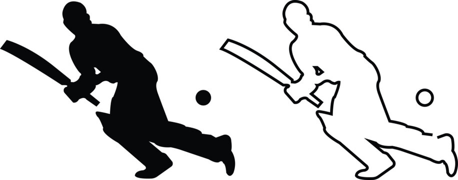 Player playing cricket action pose icon set black line and flat championship vector collection isolated on transparent background. Related to the game of cricket with various element bowler fielder