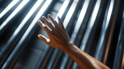 a close-up of a person's hand reaching towards a background of vertical, metallic bars