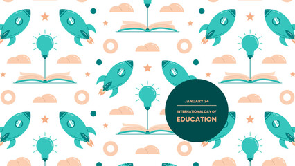 International Day of Education pattern design with books, rockets, and more. Pattern design for wrapping paper, card, banner, etc.