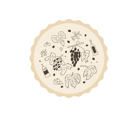 Winery emblem. Wine bottle, grapes on round stamp. Tasting event circular perforated edges label. Visit a vineyard. Vector hand drawn doodle illustration.