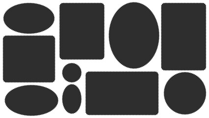 Scallop edged frame templates set. Oval and rectangle shapes. Geometry borders with perforation. Label textboxes Lace frill pack. Trendy blocks blank layout. Vector flat illustration.