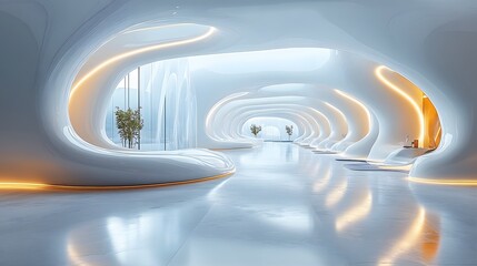 Obraz premium Futuristic business hall interior with expansive space and modern lighting fixtures,