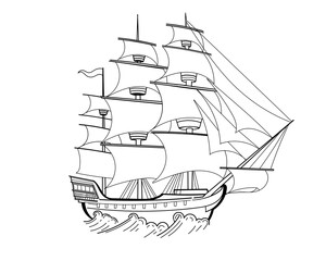 Black and white hand drawn tall sailing ship with multiple masts and detailed rigging. Nautical vessel sketch style. Perfect for nautical designs or historical visuals. Vector illustration