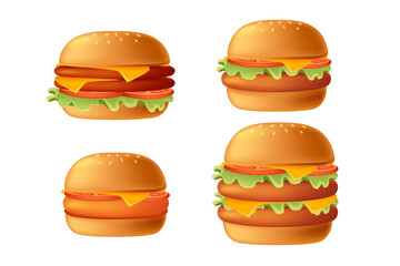 Set of burgers with layers of meat, cheese, lettuce, and buns. Ideal for fast food menus, advertising, or food packaging. Vector illustration isolated on white background
