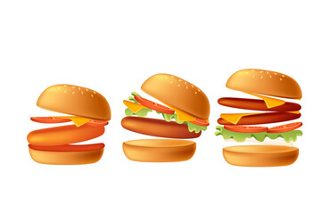Set of burgers with layers of meat, cheese, lettuce, and buns. Ideal for fast food menus, advertising, or food packaging. Vector illustration isolated on white background