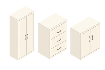 Isometric cabinets and drawers in white tones. Set of beige office or home furniture. Vector illustration isolated on white background