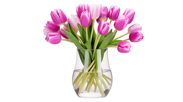 Pink tulip flowers in vase isolated on transparent background PNG.

