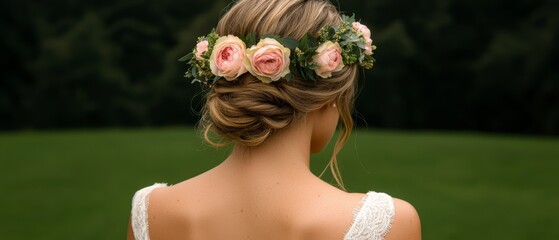 Woman Back View  Floral Crown  Blonde Hair  Updo   Lace Dress  Outdoor  Nature  Garden