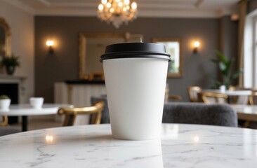 Minimalist Paper Coffee Cup Mockup - Black Lid on Marble Table