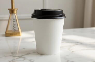 Minimalist Paper Coffee Cup Mockup - Black Lid on Marble Table