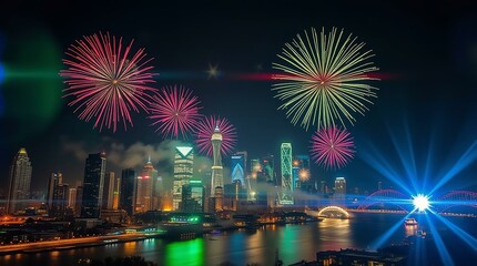 Obraz premium Fireworks Over the Ocean | Palms Silhouetted Against Fireworks | Nighttime Beach Party | high resolution 300 DPI image