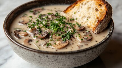 Mushroom soup with bread and chives on marble countertop