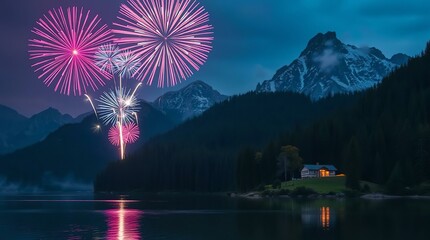 Fireworks Over the Ocean | Palms Silhouetted Against Fireworks | Nighttime Beach Party | high resolution 300 DPI image