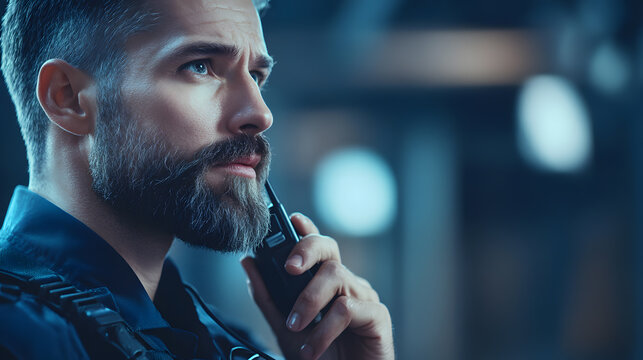Close up cropped portrait of confident male security guard standing indoors. Bearded guardian man in blue uniform talking by the walkie talkie and looking to the side. Selective focus.