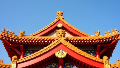 Fototapeta premium Ornate dragon motifs on Chinese pagoda roof, cultural symbolism