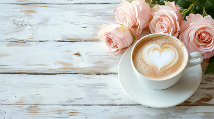Hot coffee cafe latte with latte art in a white cup on a rustic white wooden table with pale pink roses and copyspace, Cafe latte and roses for valentine or mother's day romantic concept, AI generated
