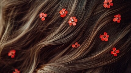 Naklejka premium Brown hair with red flowers, close-up, beauty, background blur, haircare