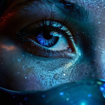 A hauntingly beautiful close-up of a blue eye, capturing the moment a tear glides down into the shimmering waters below. The glowing, ethereal blue tones and reflective textures evoke a deep sense of 
